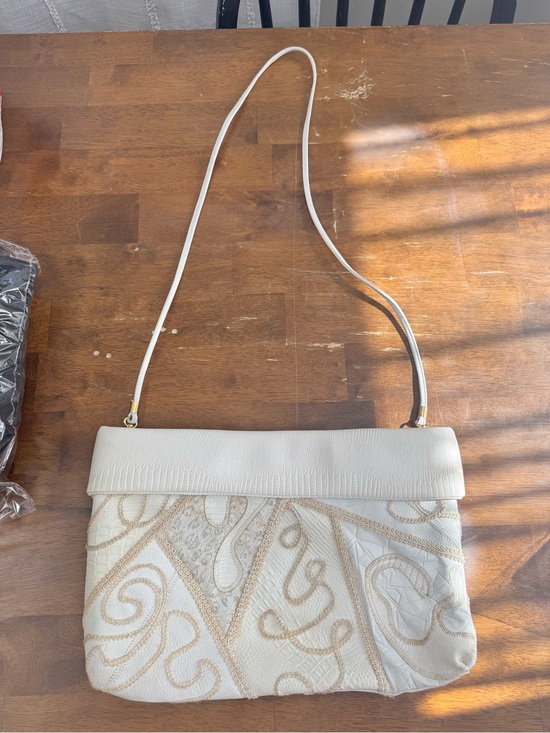 Lee Sands Handbags - Lee Sands Cream Embroidered Fold-Over Crossbody Bag